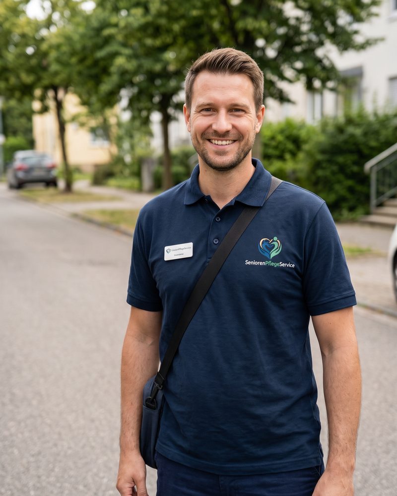 Jonas Brandt, Pflegefachmann und Mitgründer, lächelnd auf einer Wohnstraße in Pankow